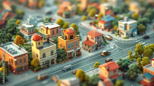A Miniature Cityscape with Colorful Houses and Lush Greenery