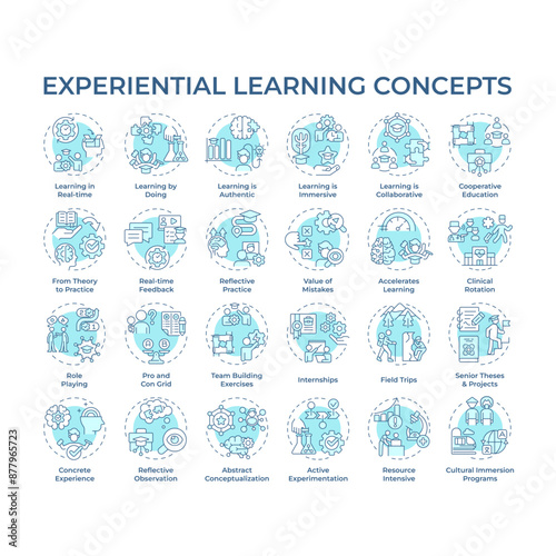 Experiential learning soft blue concept icons. Practice and experience. Immersive and active learning. Skill development. Icon pack. Vector images. Round shape illustrations. Abstract idea