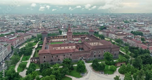 Sforza Castle: A Bird's Eye View of Milan's Iconic Landmark, Nestled in the Urban Landscape of the City's Tourist Center. High quality 4k footage photo