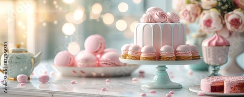 Wallpaper Mural Elegant dessert table with pink macarons, cake, and flowers. Perfect for celebrations and romantic occasions. Soft bokeh lighting. Torontodigital.ca