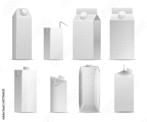Collection Of Blank, White Milk And Juice Cartons In Various Shapes And Sizes. High-quality Realistic 3d Vector Design