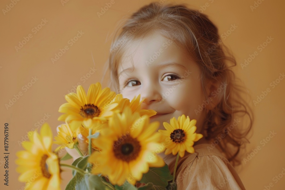 A young child holds a bright yellow sunflower bouquet, a symbol of happiness and innocence A young child holds a bright yellow sunflower bouquet, a symbol of happiness and innocence
