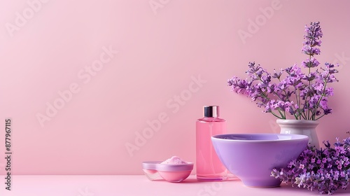 Set of decorative cosmetic in purple bowl on pink background