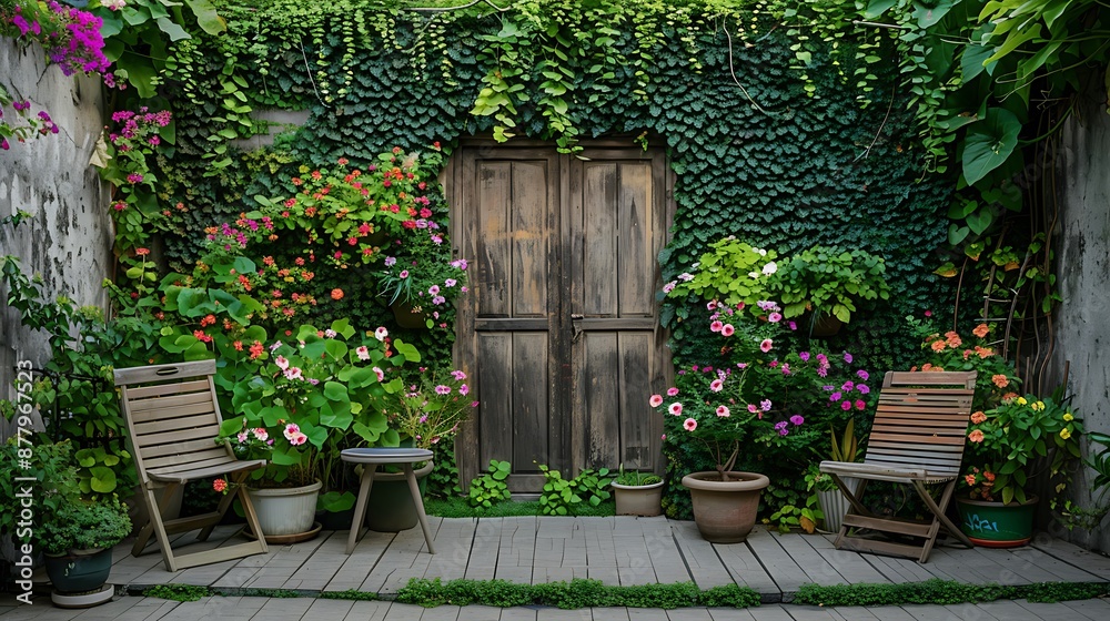 Fototapeta premium Sitting corner flower garden and wooden doors in the green ivy wall garden landscape concept