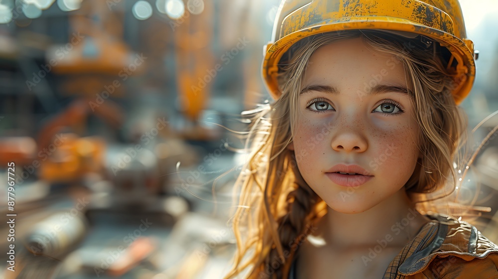 Playground safety concept image with a young boy kid with hard hat letting see an outdoor playground with slide Playground safety concept image with a young boy kid with hard hat letting see an outdoor playground with slide