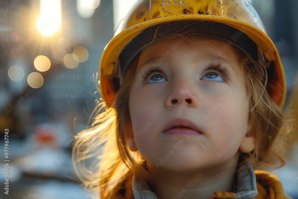 Playground safety concept image with a young boy kid with hard hat letting see an outdoor playground with slide Playground safety concept image with a young boy kid with hard hat letting see an outdoor playground with slide