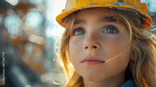  Playground safety concept image with a young boy kid with hard hat letting see an outdoor playground with slide 