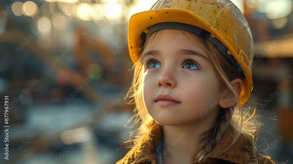 Playground safety concept image with a young boy kid with hard hat letting see an outdoor playground with slide Playground safety concept image with a young boy kid with hard hat letting see an outdoor playground with slide