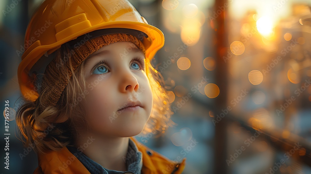  Playground safety concept image with a young boy kid with hard hat letting see an outdoor playground with slide 