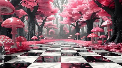A alice in wonderland background with mushrooms and a checkered road