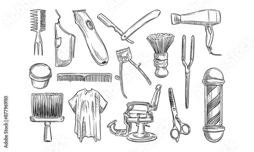 barbershop equipment handdrawn collection