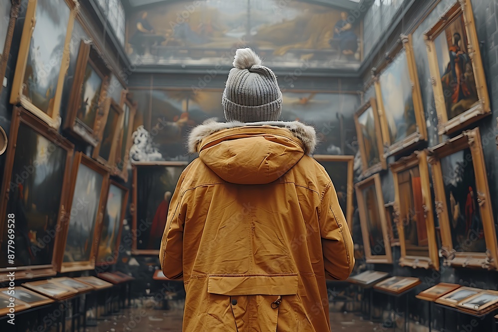  Back of an adult person looking at renaissance style paintings in an old museum art gallery 