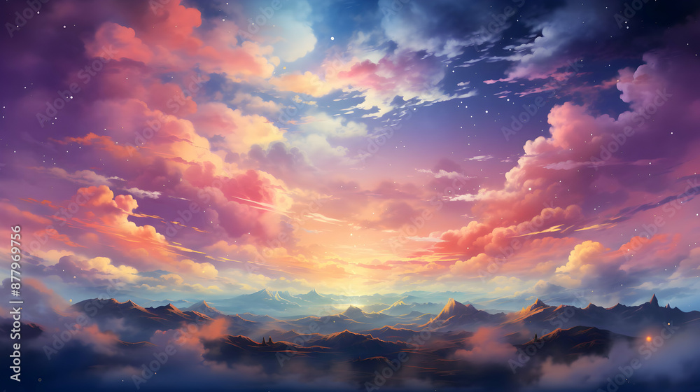 Fototapeta premium Dreamy Sunset Illustration with Mountains and Stars