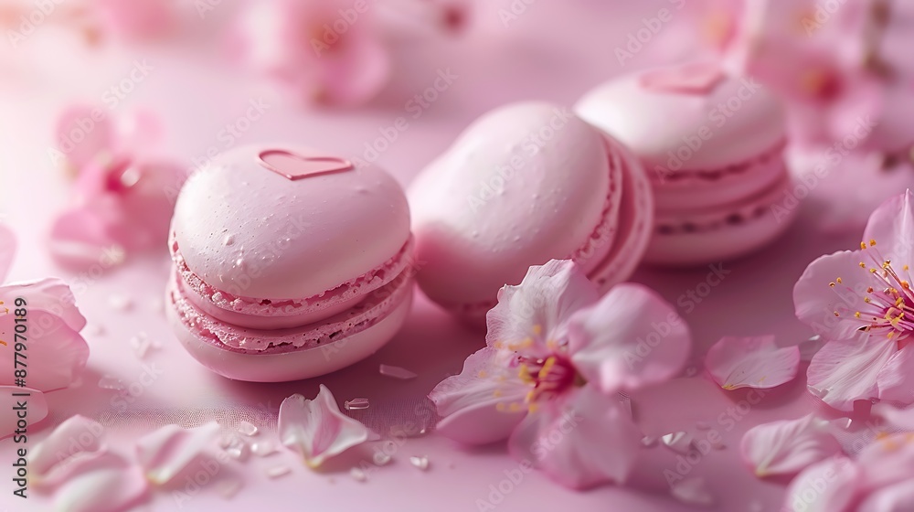 sweet macarons in heart shape with flowers in pink tone sweet macarons in heart shape with flowers in pink tone