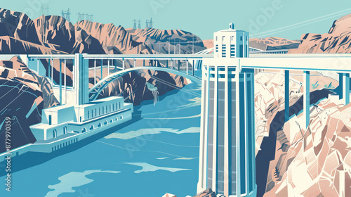 Risograph riso print travel poster, card, wallpaper or banner illustration, modern, isolated, clear and simple of Hoover Dam, Nevada, Arizona, USA. Artistic, screen printing, graphic design