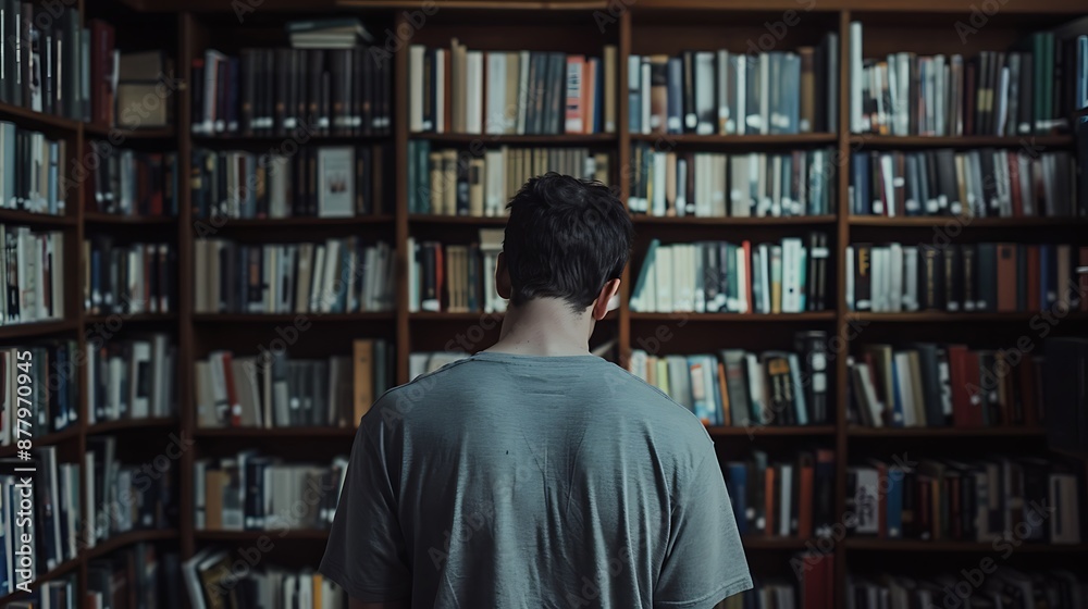Portrait of Sadness: Person with Depression Gazing at Bookshelf with Distressed Expression Portrait of Sadness: Person with Depression Gazing at Bookshelf with Distressed Expression