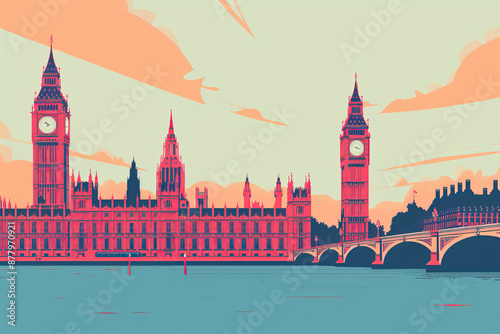 Risograph riso print travel poster, card, wallpaper or banner illustration, modern, isolated, clear and simple of Houses of Parliament, London, England. Artistic, screen printing, graphic design