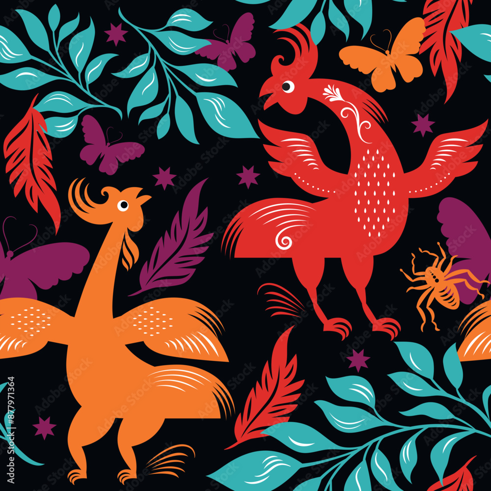 Seamless floral pattern with rooster, branches and leaves, elegance beautiful botanical pattern Seamless floral pattern with rooster, branches and leaves, elegance beautiful botanical pattern