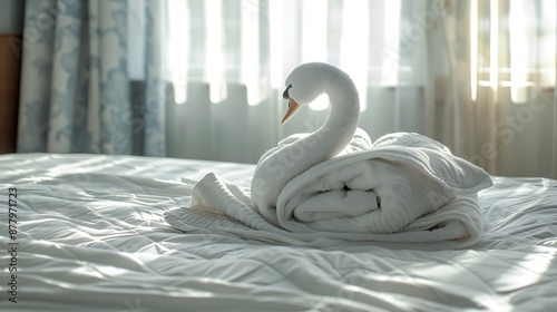 Fototapeta Naklejka Na Ścianę i Meble -  Towel folded in swan shape on bed sheet in bed room