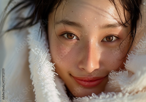 Beautiful Asian woman wrapped in a white towel after swimming, smiling and looking at the camera in a close-up portrait with soft sunlight and shadow on her face.