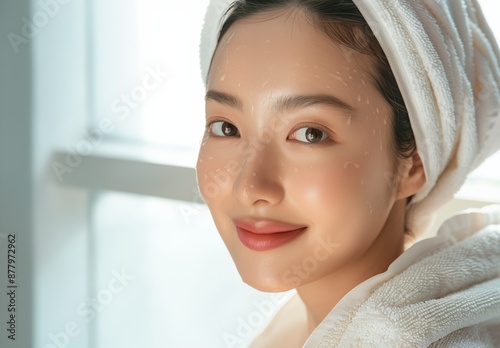 Portrait of a beautiful Asian woman in a white towel after washing her face, enjoying a spa day with a smile and skin care treatment on a bright background.