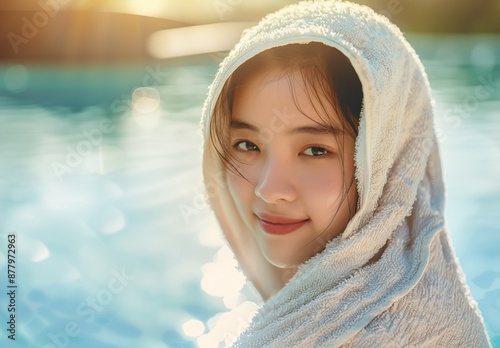 Beautiful Asian woman wrapped in a white towel, smiling and looking at the camera with sunlight shining on her face.