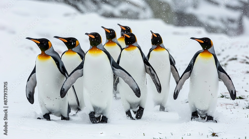 Fototapeta premium A group of King penguins, Aptenodytes patagonicus, walking across white snow