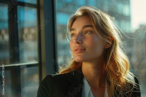 A person gazes out at a metropolitan skyline through a window