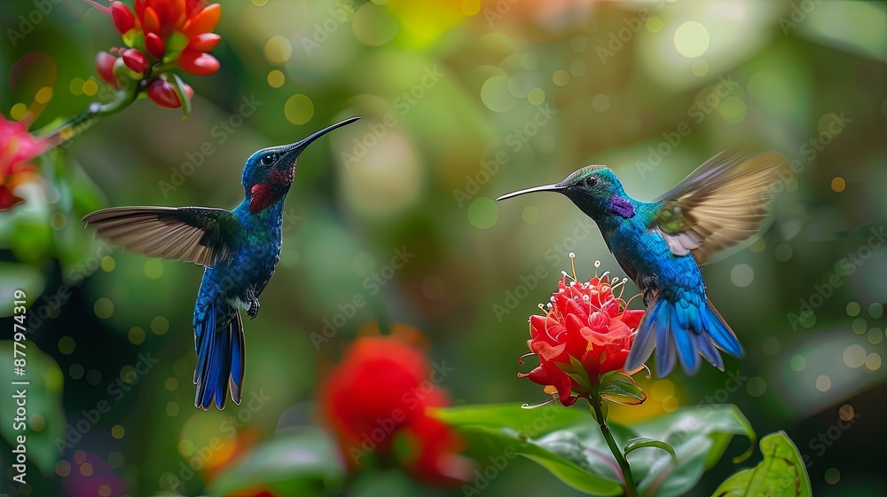 Obraz premium Blue hummingbird Violet Sabrewing flying next to beautiful red flower