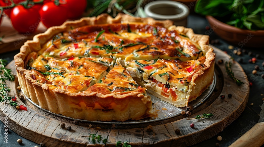 vegetable pie or quiche with slice vegetable pie or quiche with slice