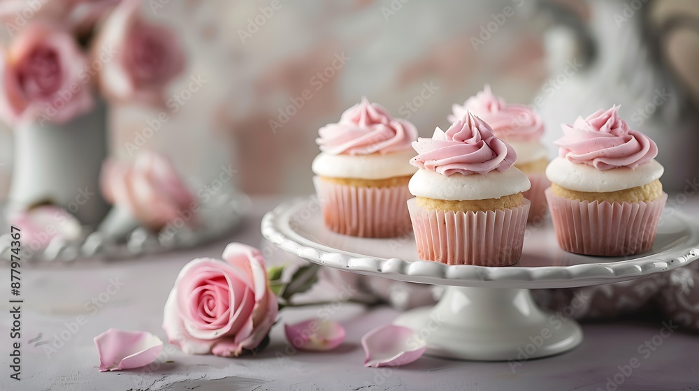 White plate on the table with cupcakes ornate with sweet roses cookies on the background White plate on the table with cupcakes ornate with sweet roses cookies on the background