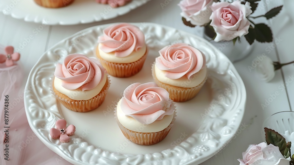 White plate on the table with cupcakes ornate with sweet roses cookies on the background White plate on the table with cupcakes ornate with sweet roses cookies on the background