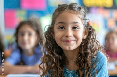 Smiling young girl with curly hair in a classroom, other students blurred in the background