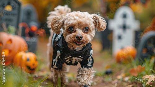 Dog in a skeleton costume walking through a Halloween graveyard with jack-o'-lanterns and tombstones.