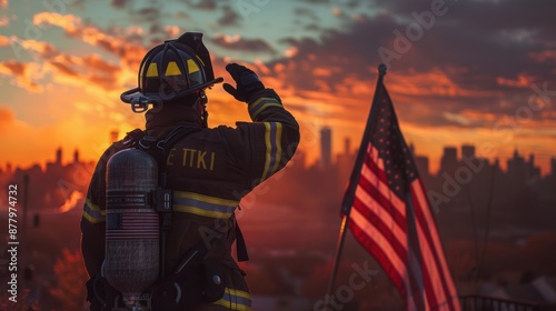 Firefighter salutes with American flag and city skyline at sunrise, creating a patriotic and heroic atmosphere