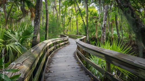 Wildlife sanctuary boardwalk at corkscrew swamp sanctuary in the florid everglades horizontal nobody