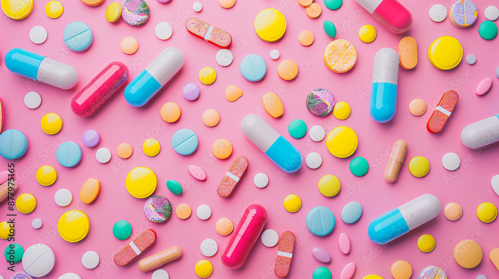 Colorful Pills and Tablets on Pink Background.