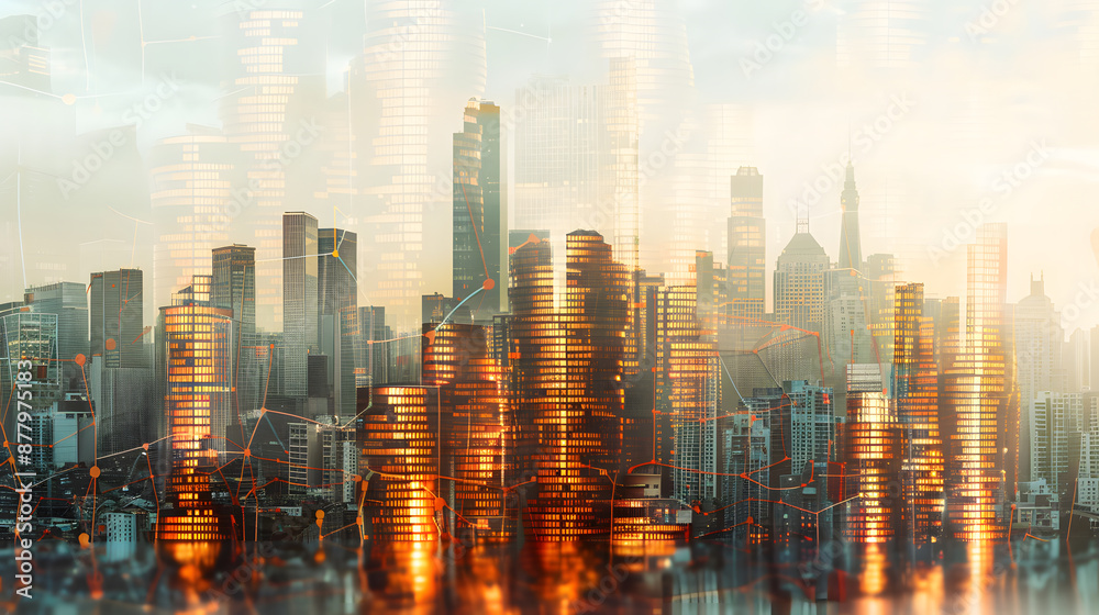 Obraz premium Double exposure of city, graph and rows of coins for finance and banking concept