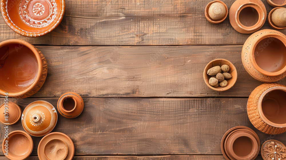 Top view of rustic clay pottery on wooden background. Traditional earthenware bowls and pots for cooking and decoration. Top view of rustic clay pottery on wooden background. Traditional earthenware bowls and pots for cooking and decoration.