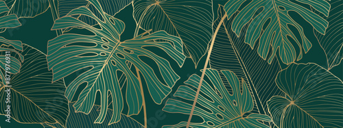 Luxury gold and green nature vector background. Floral pattern, tropical plant with golden split leaves with monstera plant line art, vector illustration.