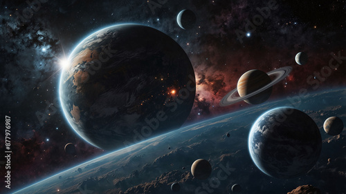 Stunning view of multiple planets and celestial bodies in a vibrant and colorful outer space scene