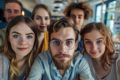 A group of friends posing for a photo together, with big smiles and happy expressions