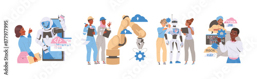 Robotics Programming with Male and Female Engineer Characters Engaged in Artificial Intelligence Development Vector Set