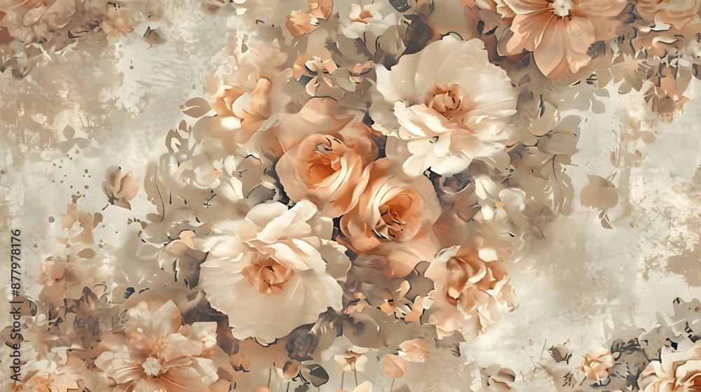 Fototapeta premium Elegant Vintage Floral Pattern, Beige and Brown Flowers on Textured Background, Retro Botanical Design 