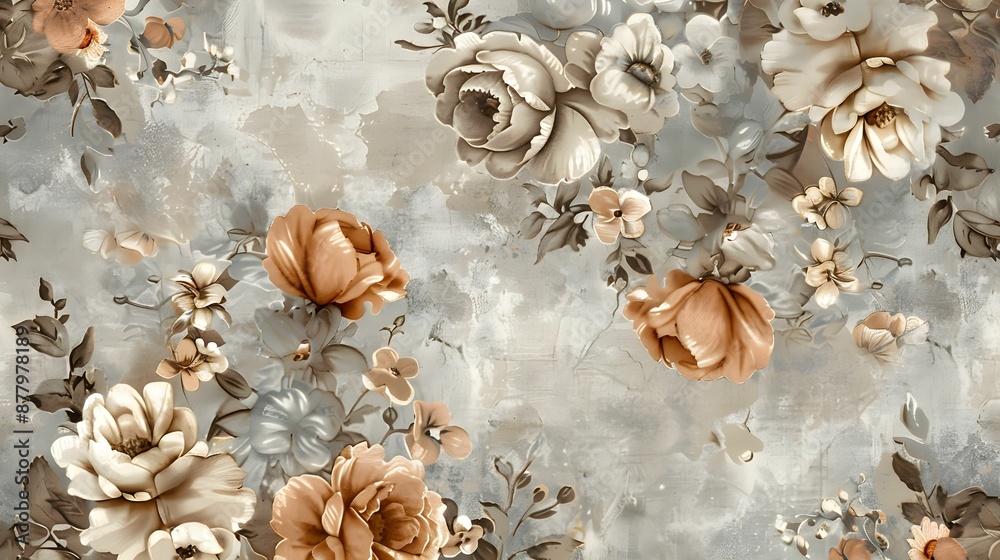 Obraz premium Elegant Vintage Floral Pattern, Beige and Brown Flowers on Textured Background, Retro Botanical Design 