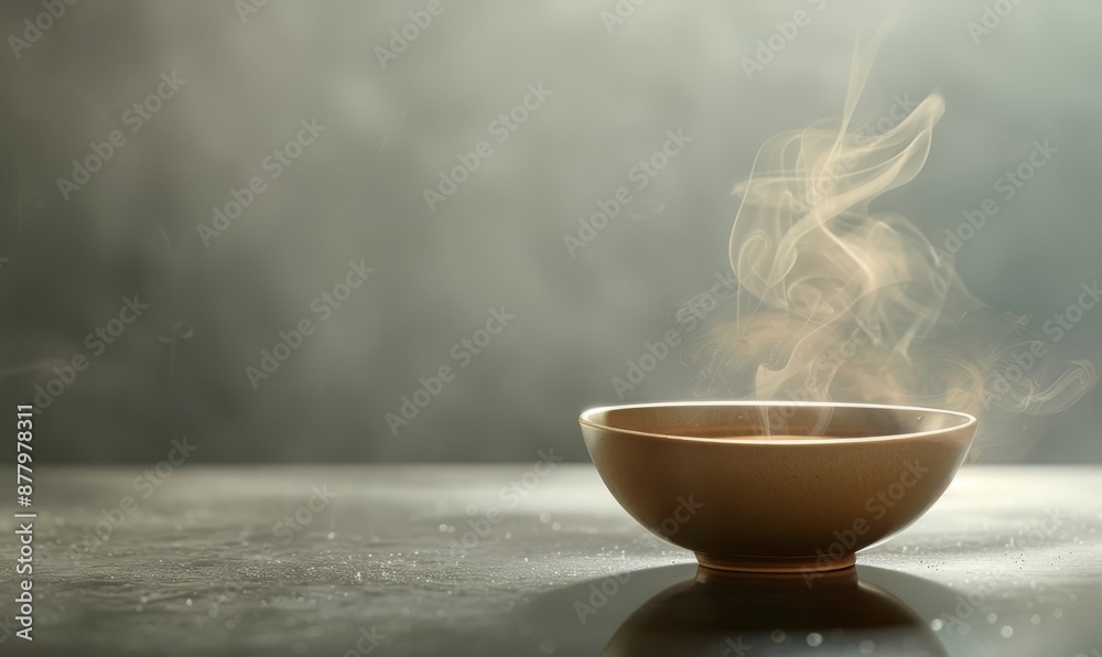 bowl of steaming hot tea centered on the table with mist rising, against a soft gray gradient background with natural lighting and gentle shadows accentuating the steam bowl of steaming hot tea centered on the table with mist rising, against a soft gray gradient background with natural lighting and gentle shadows accentuating the steam