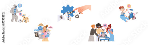 Robotics Programming with Male and Female Engineer Characters Engaged in Artificial Intelligence Development Vector Set