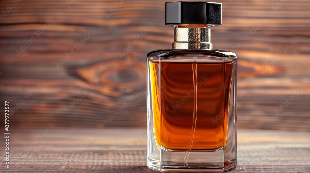 Luxurious perfume advertisement, featuring a sleek, elegant bottle against a backdrop of rich, dark wood, exuding a woody aroma