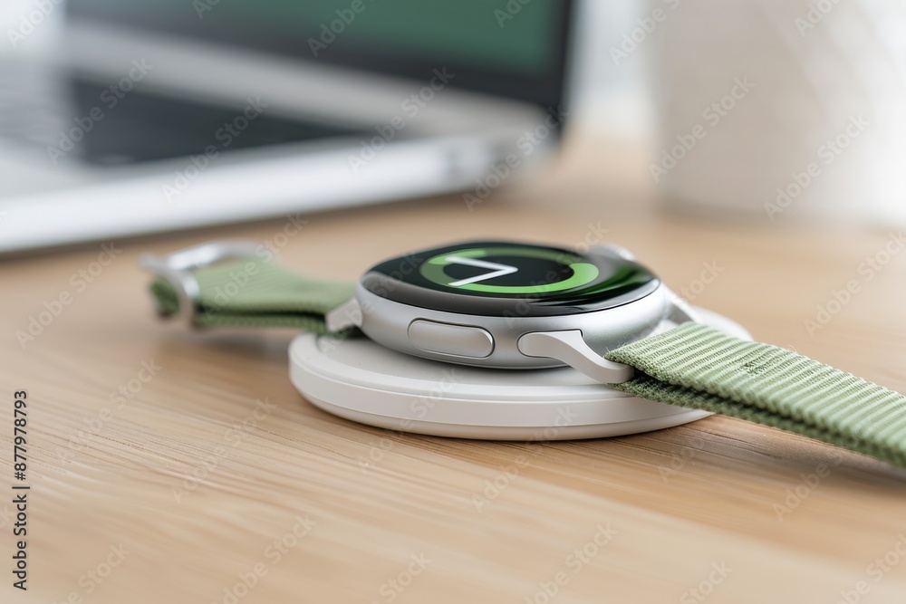A smart watch is on a charging station A smart watch is on a charging station
