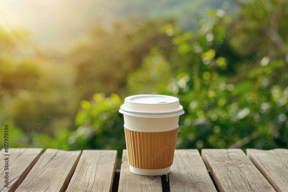 Paper coffee cup on wooden table with blurred nature background Paper coffee cup on wooden table with blurred nature background